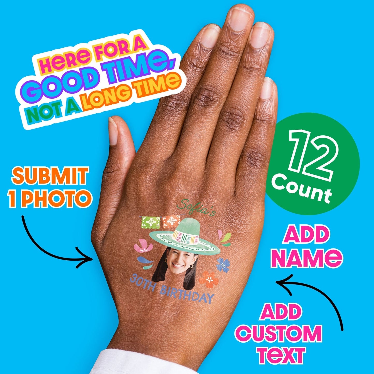Custom Face Fiesta Temporary Tattoos - 12 Ct