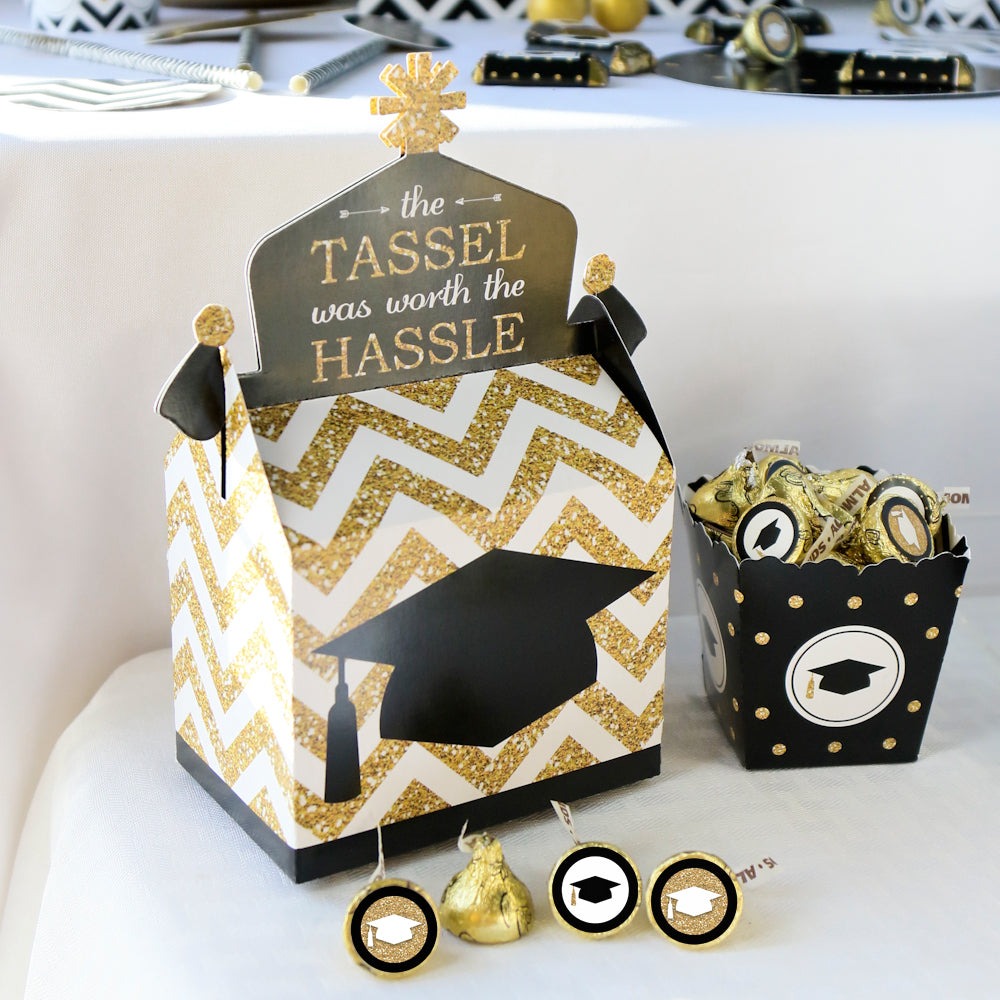 Tassel Worth The Hassle - Gold - Treat Box Party Favors - Graduation Party Goodie Gable Boxes - Set of 12