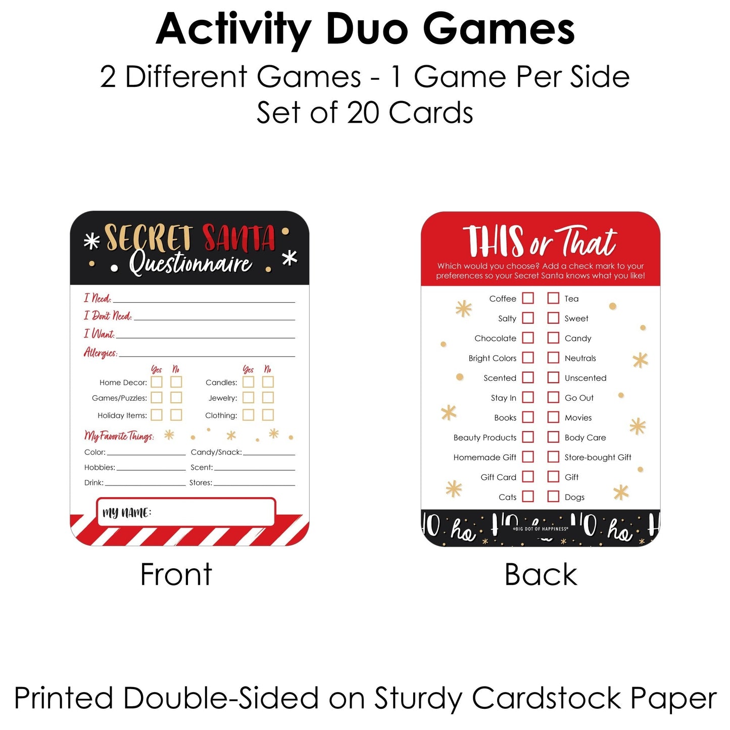 Secret Santa Fill-In Questionnaire Form - Christmas Gift Exchange Party Cards - Activity Duo Games - Set of 20