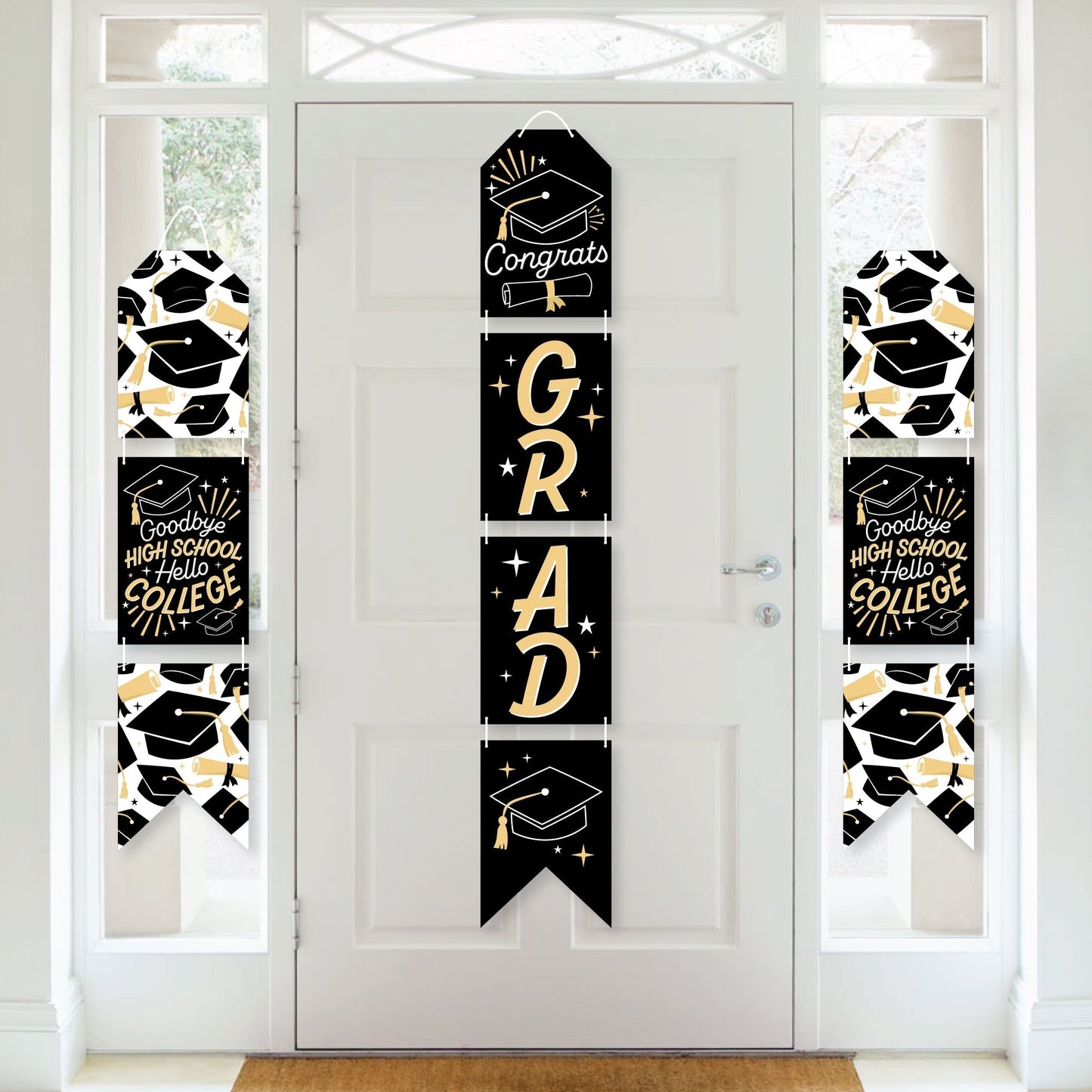 Goodbye High School, Hello College - Hanging Vertical Paper Door Banners - Graduation Party Wall Decoration Kit - Indoor Door Decor