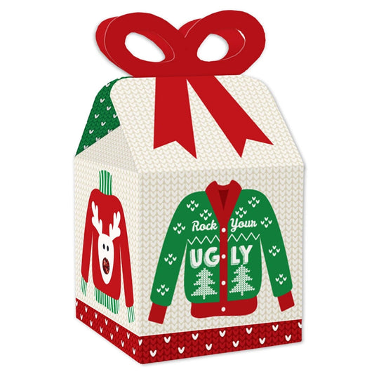 Ugly Sweater - Square Favor Gift Boxes - Holiday and Christmas Party Bow Boxes - Set of 12
