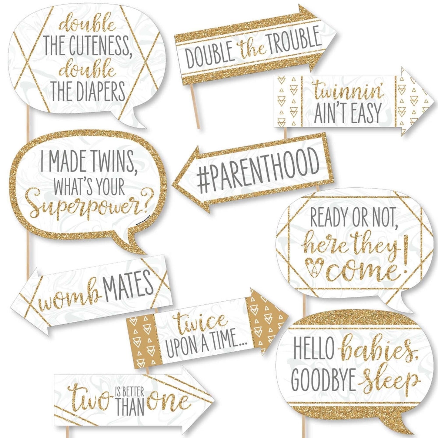 Funny It's Twins - 10 Piece Gold Twins Baby Shower Photo Booth Props Kit