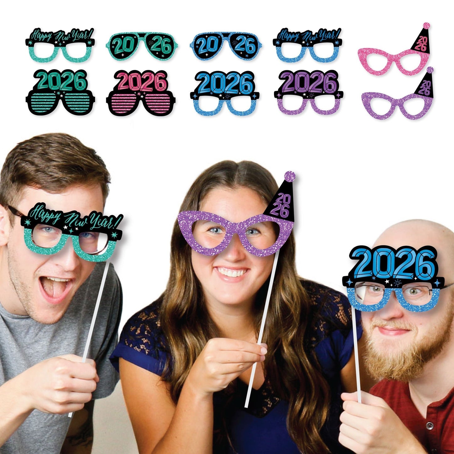 Colorful New Year 2026 Glasses and Masks Photo Props - 10 Ct