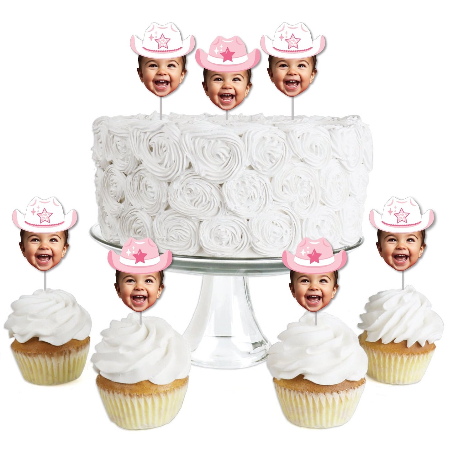Custom Photo Pink First Rodeo - Cowgirl 1st Birthday Party Dessert Cupcake Toppers - Fun Face Clear Treat Picks - Set of 24