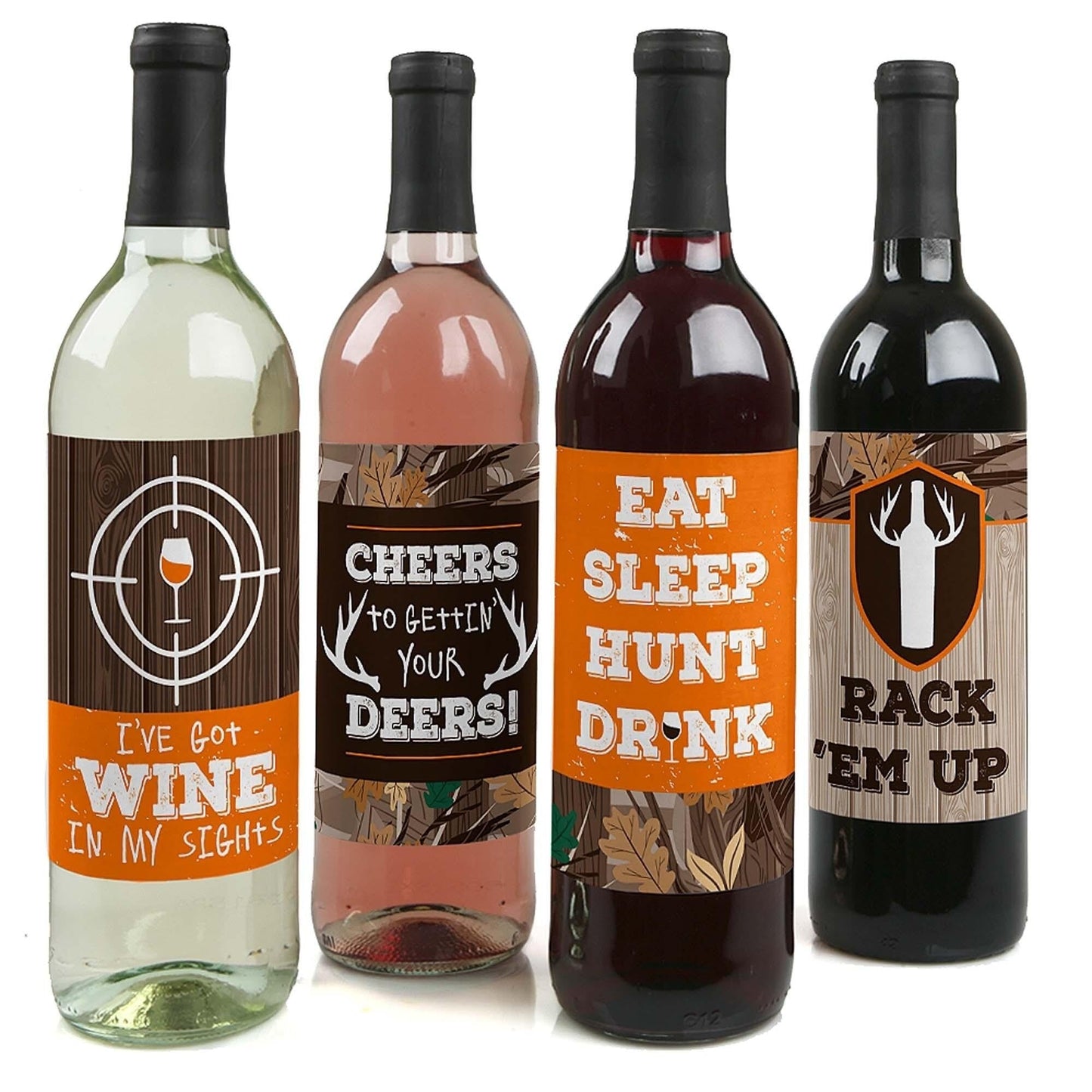Gone Hunting - Deer Hunting Camo Baby Shower or Birthday Party Decorations for Women and Men - Wine Bottle Label Stickers - Set of 4