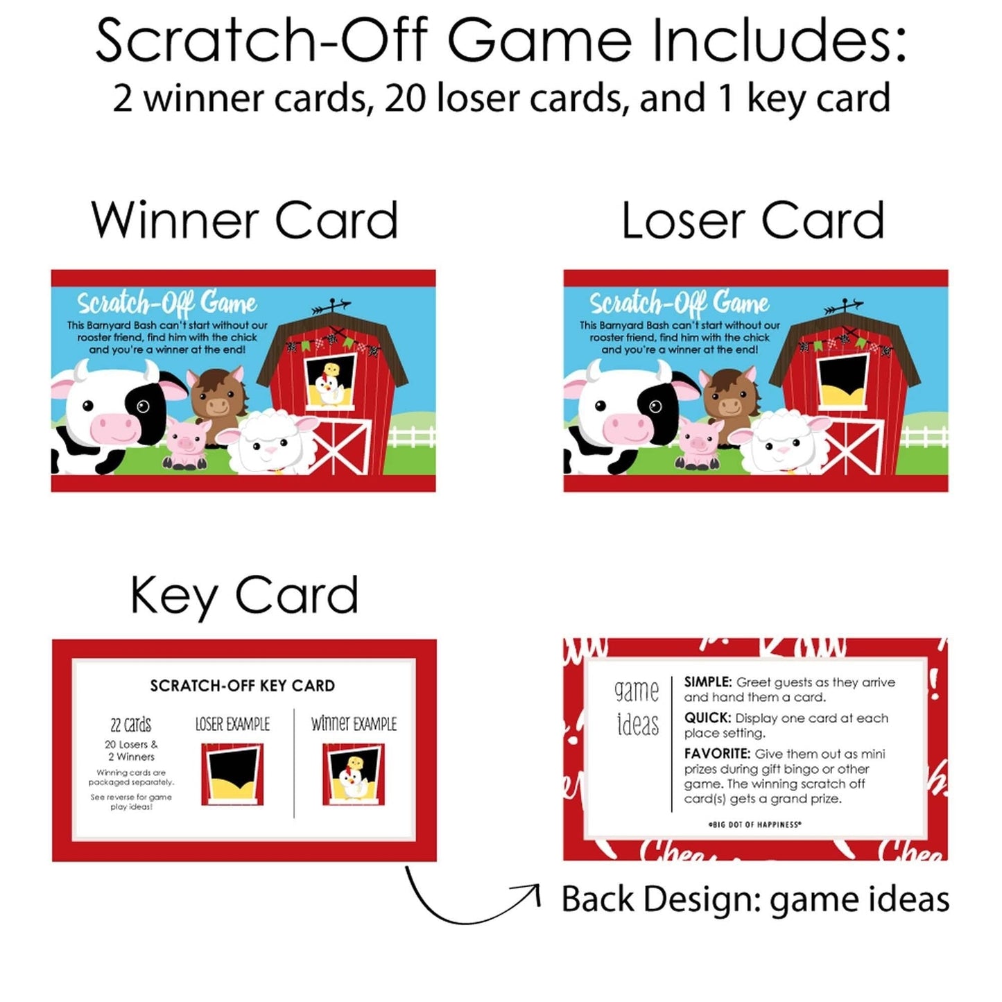 Farm Animals - Barnyard Baby Shower or Birthday Party Game Scratch Off Cards - 22 Count