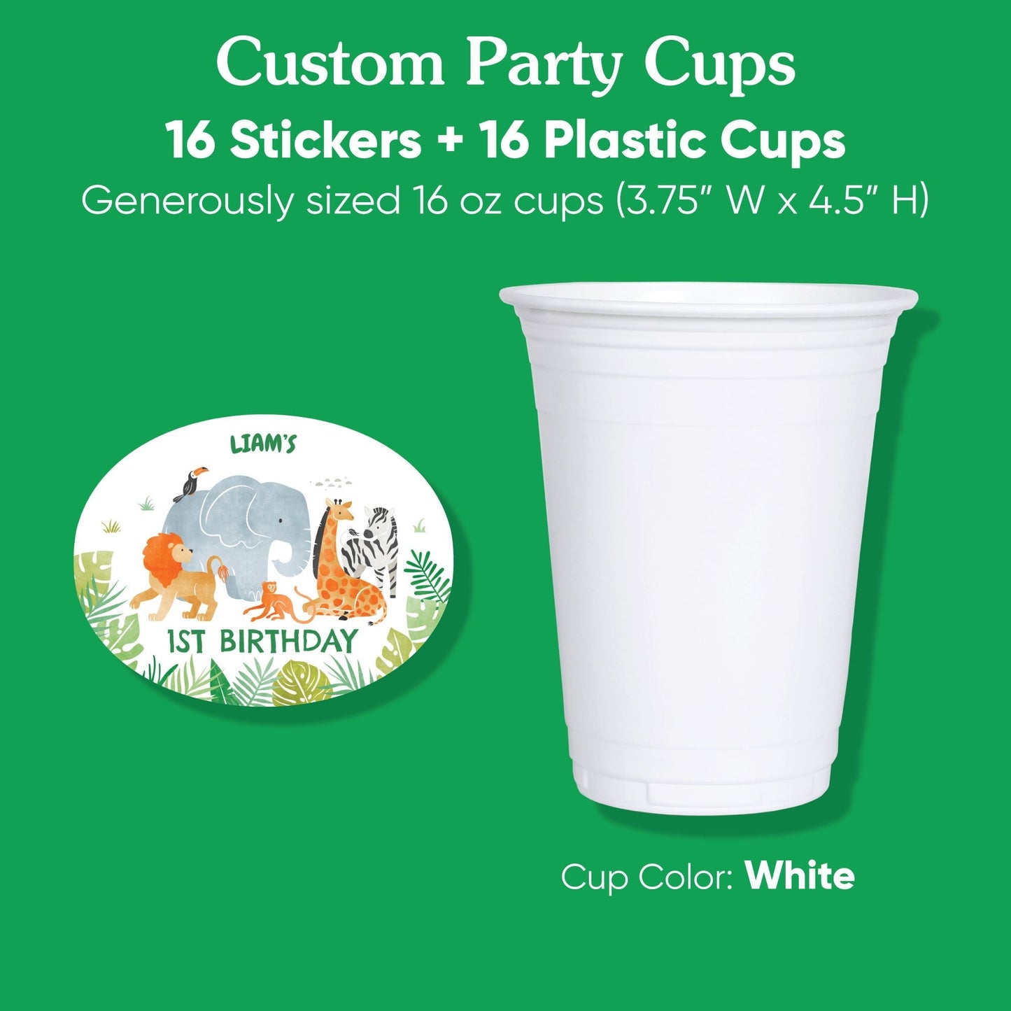 Custom Text Party Cups - Safari Animals - 16 Ct