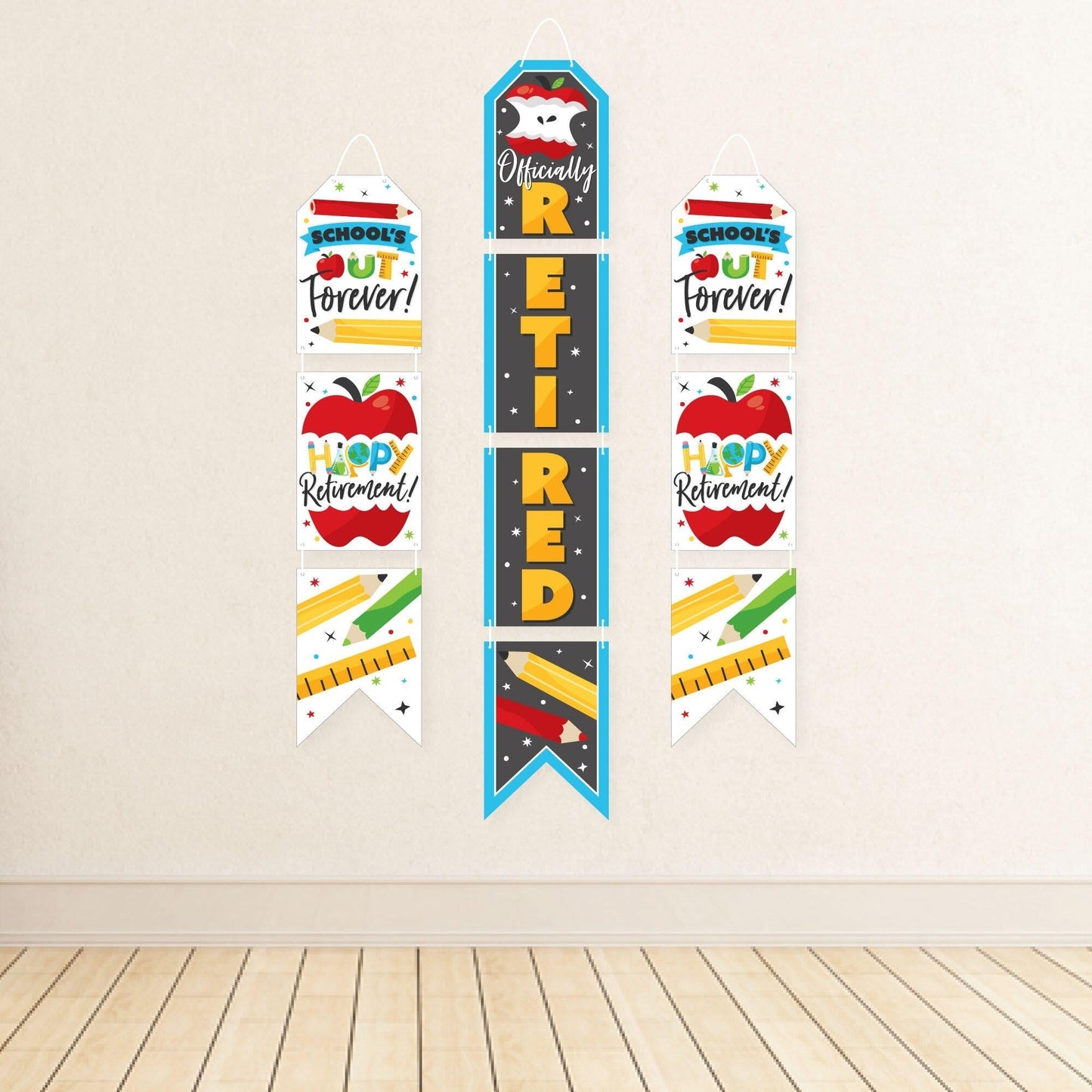 Teacher Retirement - Hanging Vertical Paper Door Banners - Happy Retirement Party Wall Decoration Kit - Indoor Door Decor