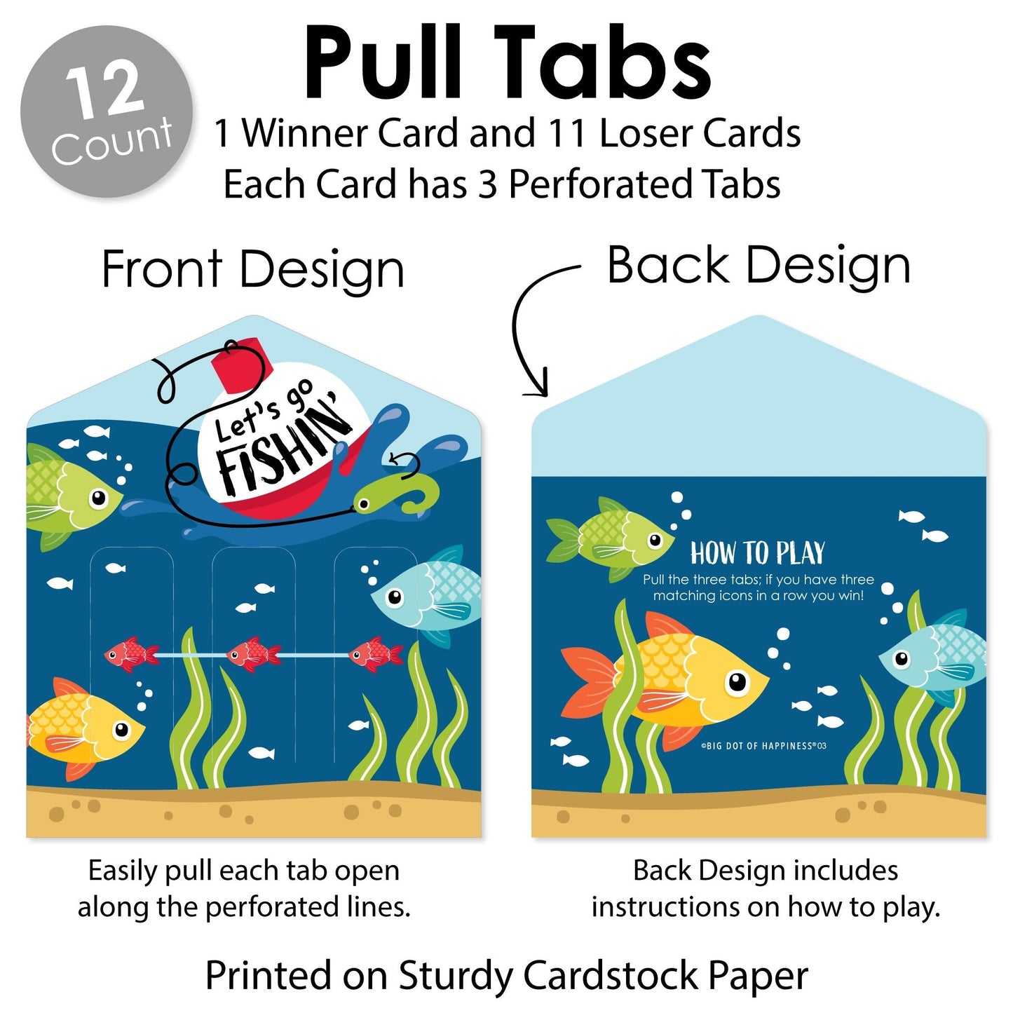 Let’s Go Fishing - Fish Themed Birthday Party or Baby Shower Game Pickle Cards - Pull Tabs 3-in-a-Row - Set of 12