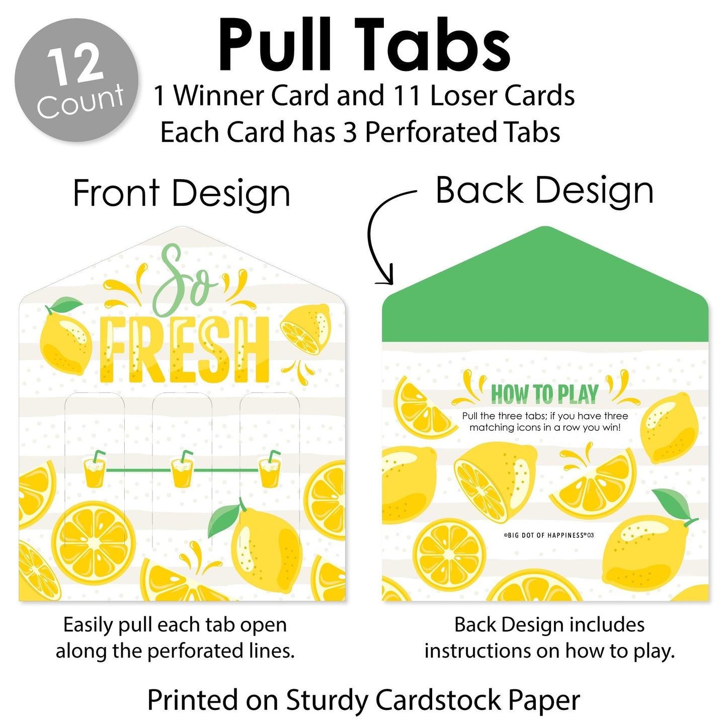 So Fresh - Lemon - Citrus Lemonade Party Game Pickle Cards - Pull Tabs 3-in-a-Row - Set of 12