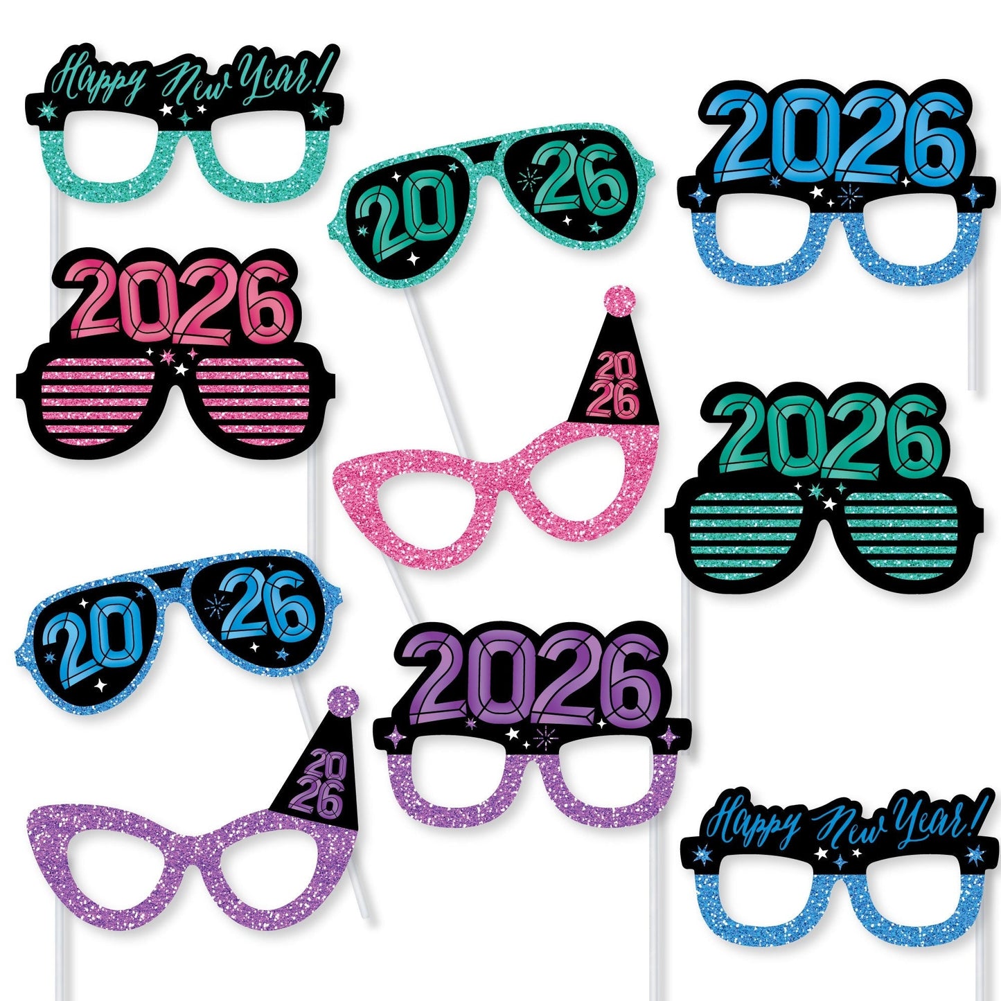 Colorful New Year 2026 Glasses and Masks Photo Props - 10 Ct