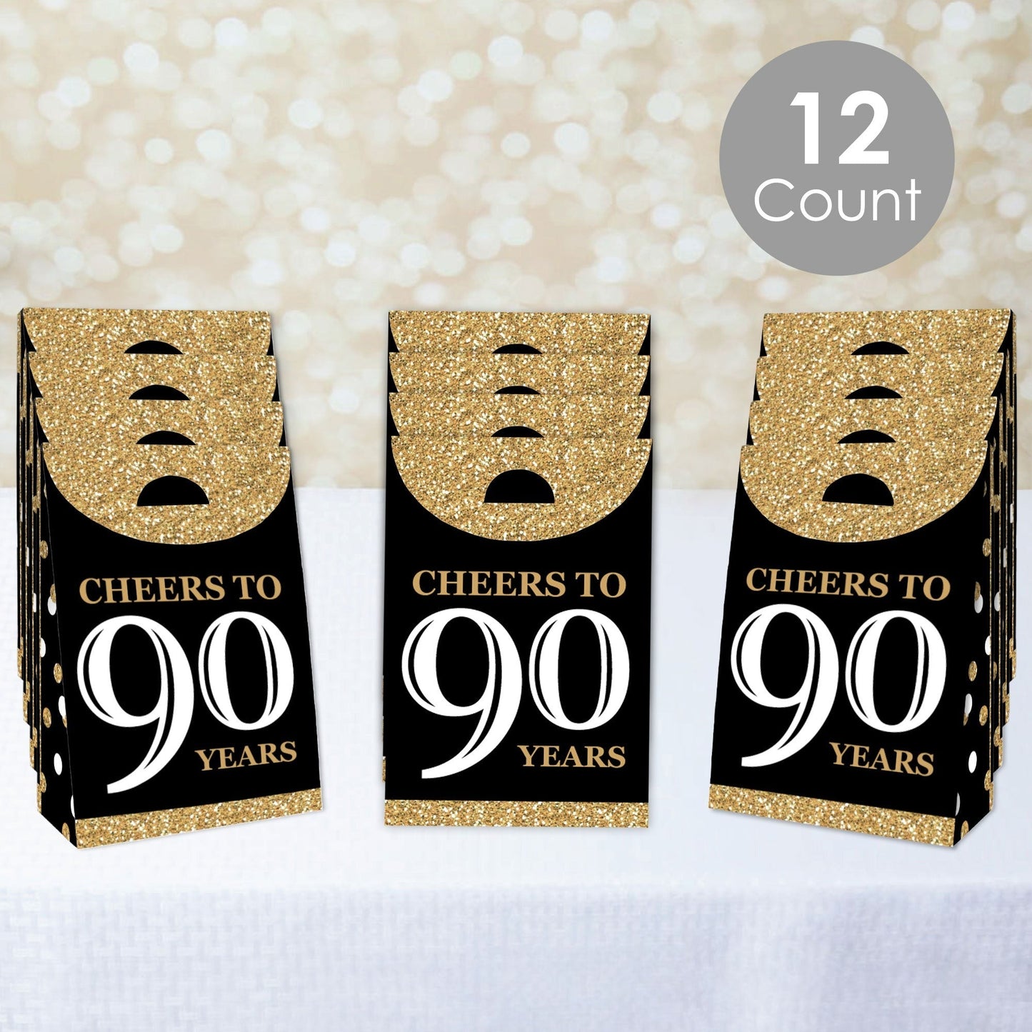 Adult 90th Birthday - Gold - Birthday Gift Favor Bags - Party Goodie Boxes - Set of 12