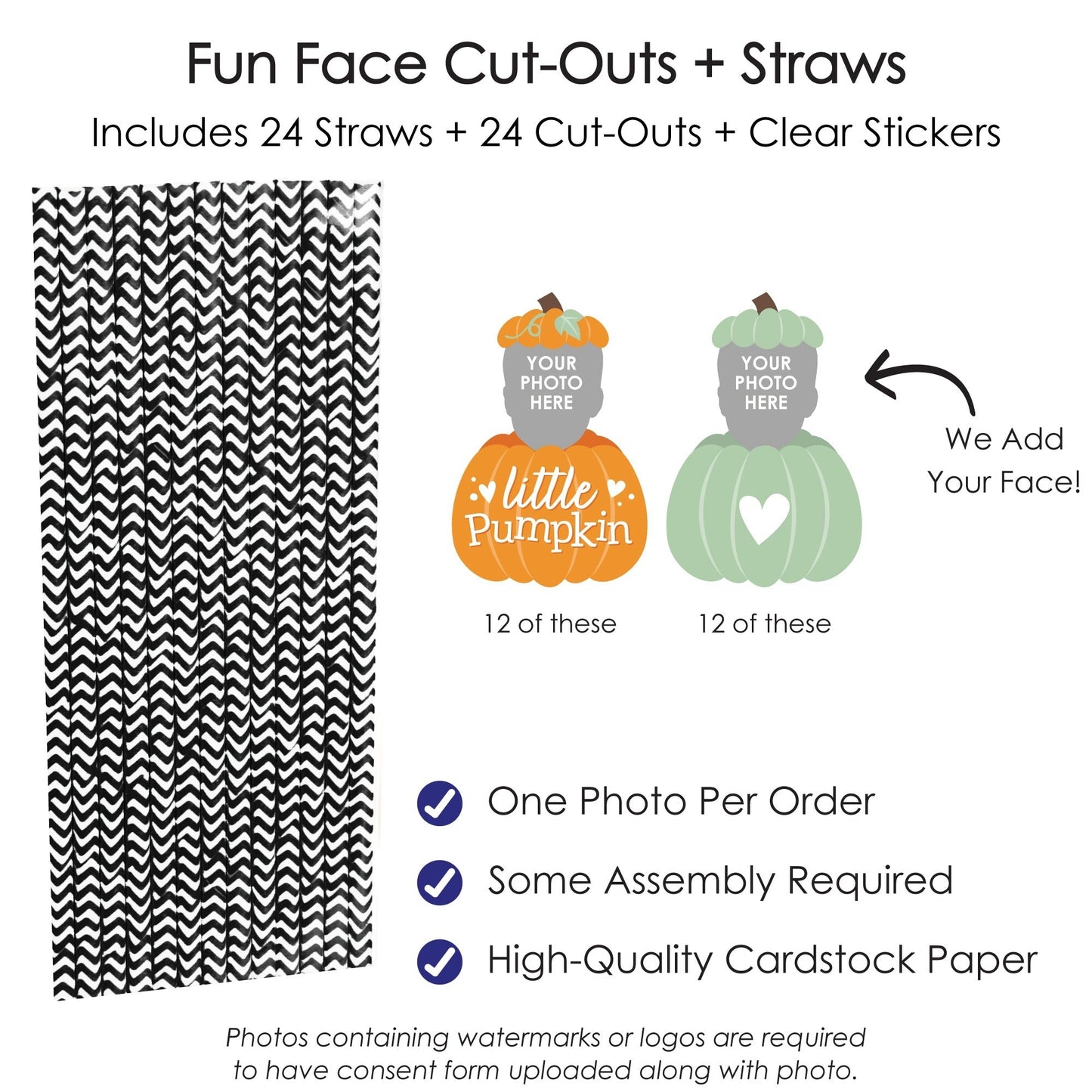 Custom Photo Little Pumpkin - Fall Birthday Party Fun Face Paper Straw Decor - Set of 24