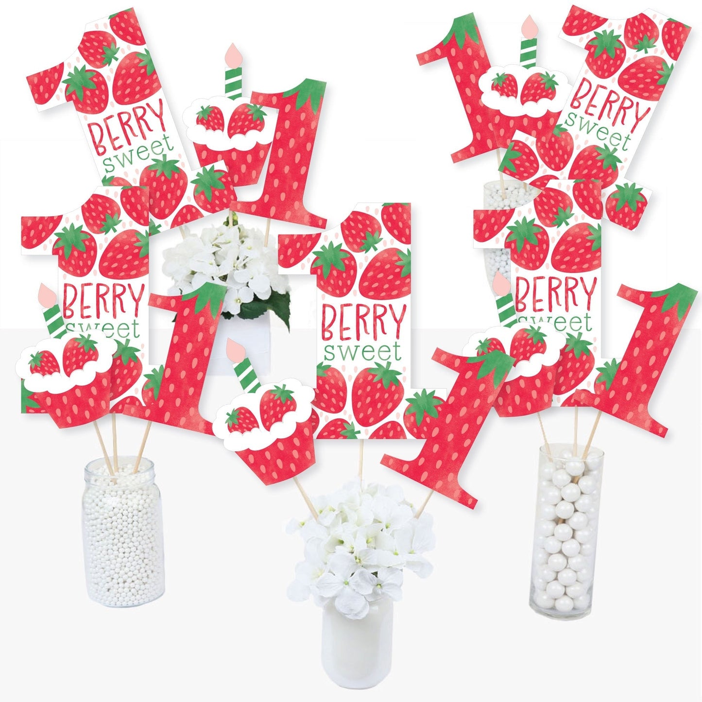 Berry First Birthday - Sweet Strawberry - Fruit 1st Birthday Party Centerpiece Sticks - Table Toppers - Set of 15