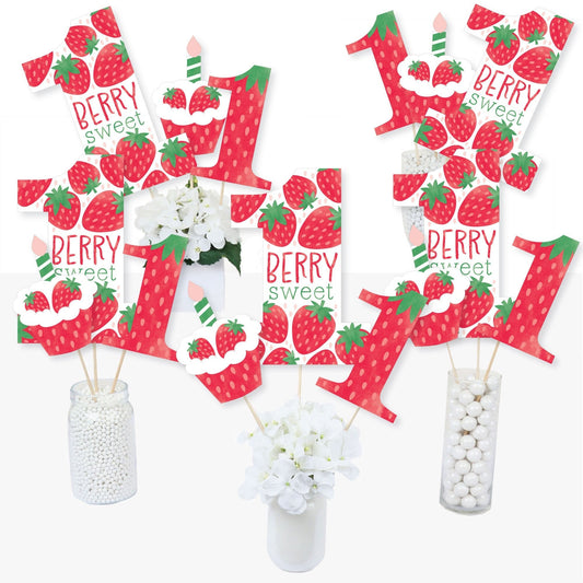 Berry First Birthday - Sweet Strawberry - Fruit 1st Birthday Party Centerpiece Sticks - Table Toppers - Set of 15