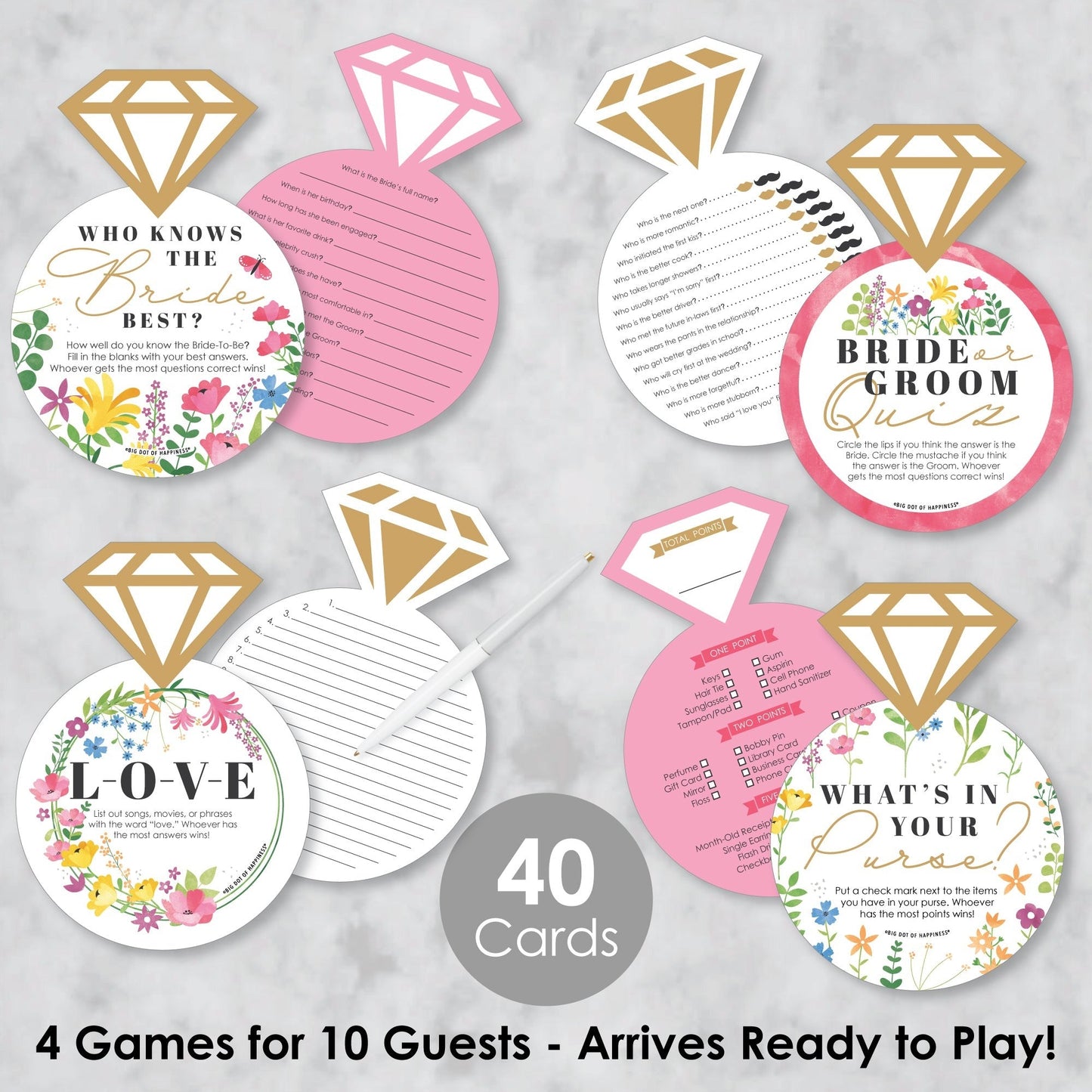 Wildflowers Bride - 4 Boho Floral Bridal Shower Games - 10 Cards Each - Who Knows The Bride Best, Bride or Groom Quiz, What’s in Your Purse and Love - Gamerific Bundle
