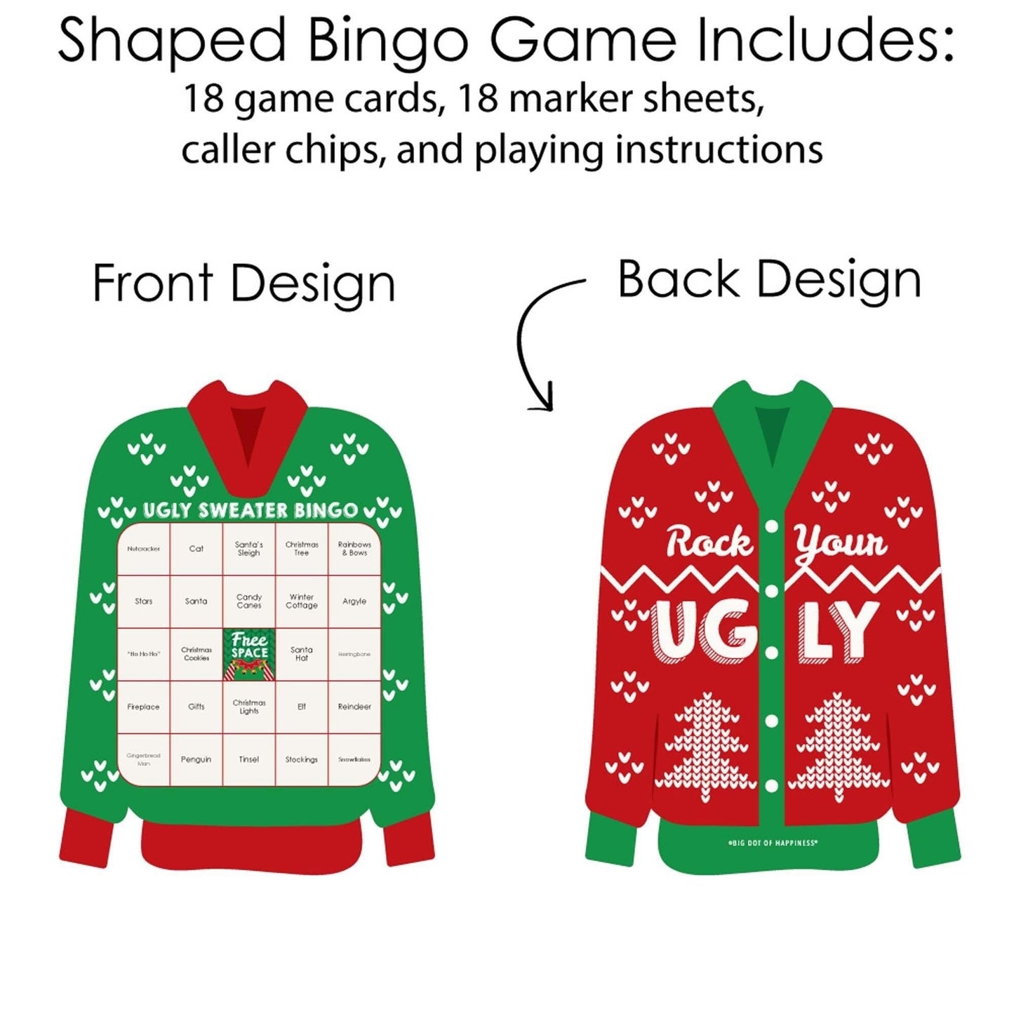 Ugly Sweater - Bar Bingo Cards and Markers - Holiday and Christmas Party Shaped Bingo Game - Set of 18