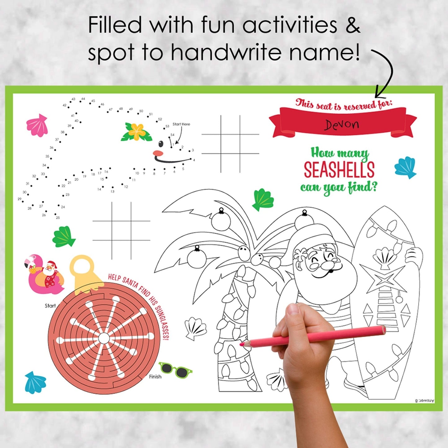 Tropical Christmas - Paper Beach Santa Holiday Party Coloring Sheets - Activity Placemats - Set of 16