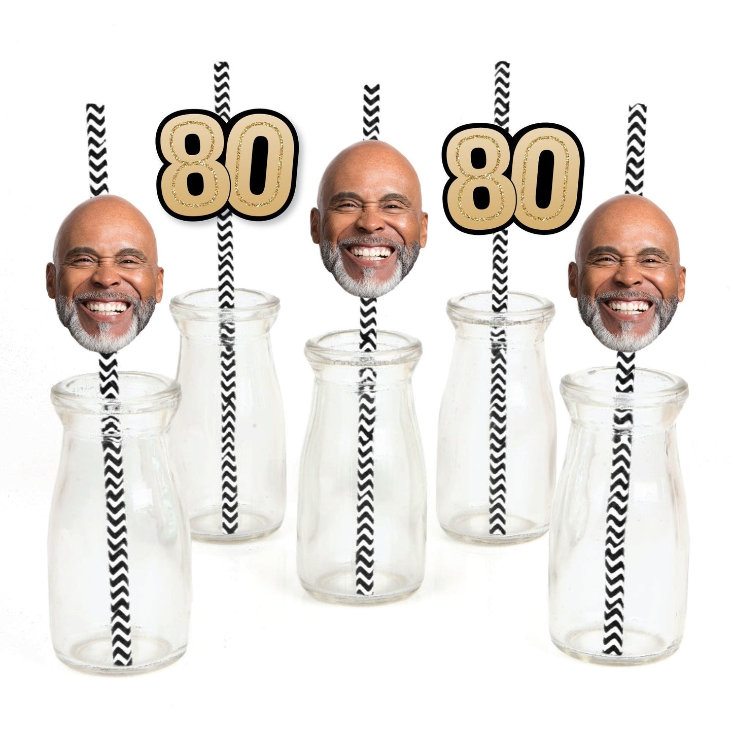 Custom 80th Birthday Face Cutout Straw Decor - 24 Ct
