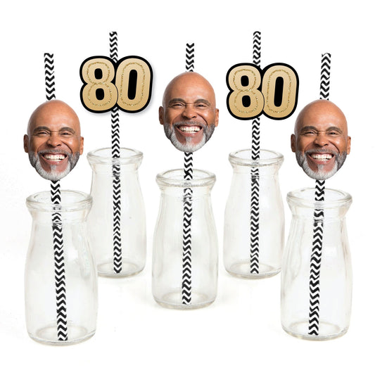 Custom 80th Birthday Face Cutout Straw Decor - 24 Ct