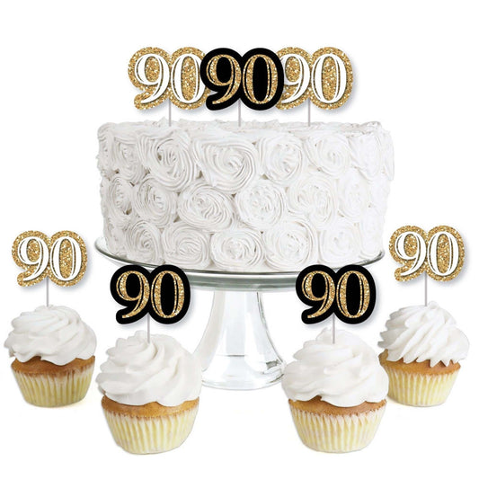 Adult 90th Birthday - Gold - Dessert Cupcake Toppers - Birthday Party Clear Treat Picks - Set of 24