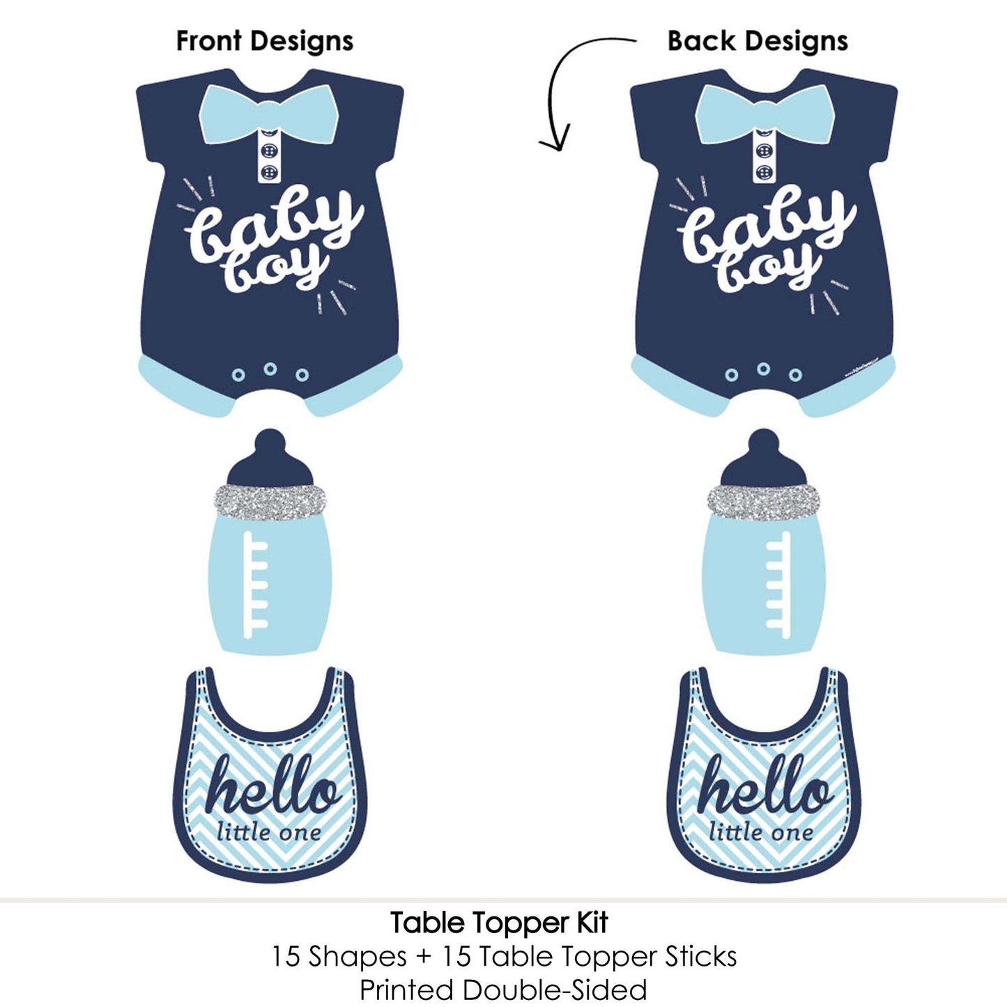 Hello Little One - Blue and Silver - Boy Baby Shower Party Centerpiece Sticks - Table Toppers - Set of 15