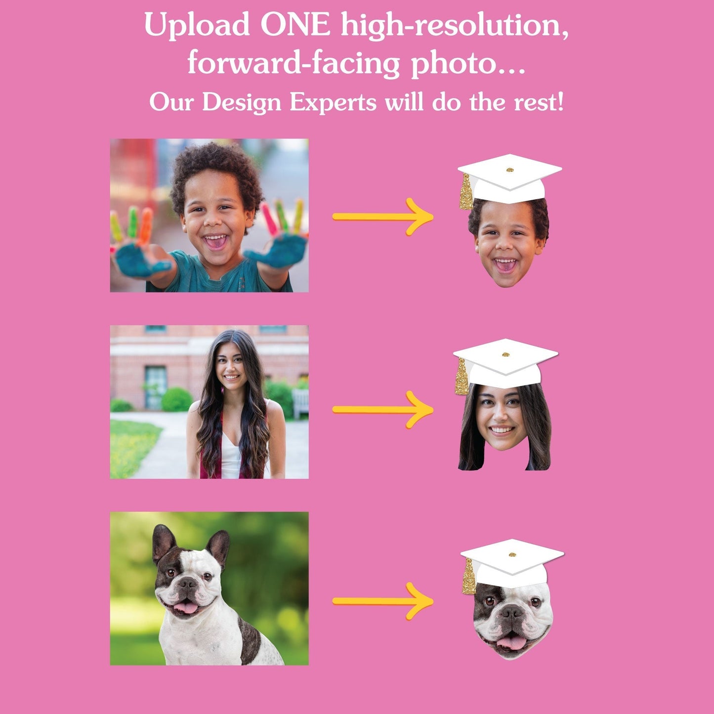 Custom Fun Face White & Gold Grad Cap Table Toppers - 15 Ct