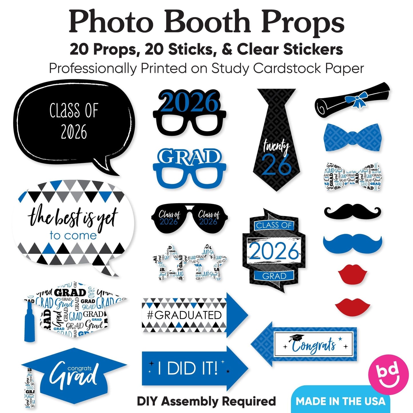 Blue Grad - 2026 Graduation Party Photo Booth Props Kit - 20 Count