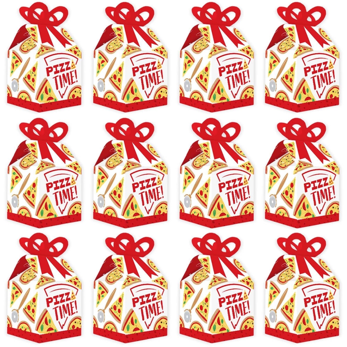 Pizza Party Time - Square Favor Gift Boxes - Baby Shower or Birthday Party Bow Boxes - Set of 12