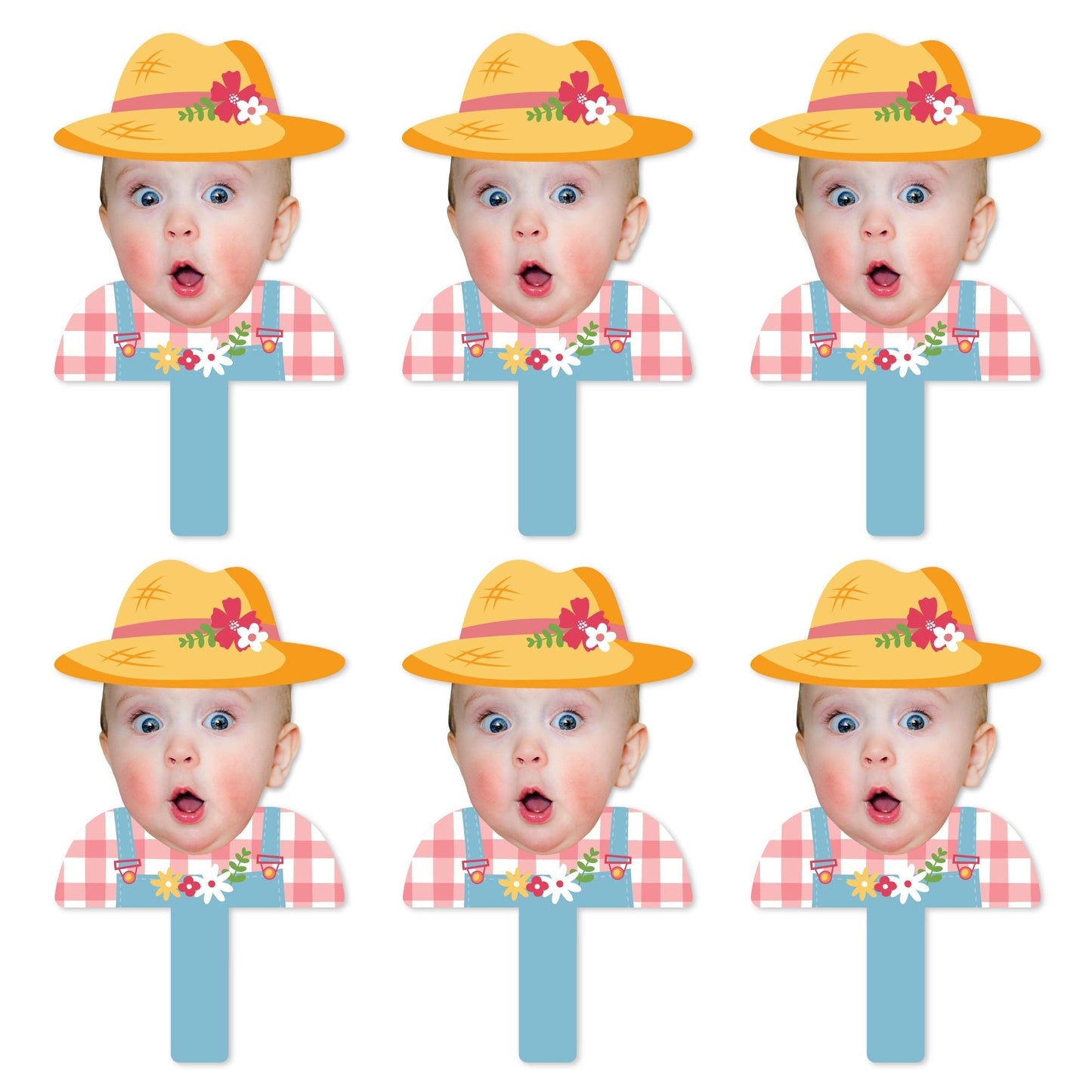 Custom Photo Girl Farm Animals - Pink Barnyard Birthday Party Head Cut Out Photo Booth and Fan Props - Fun Face Cutout Paddles - Set of 6