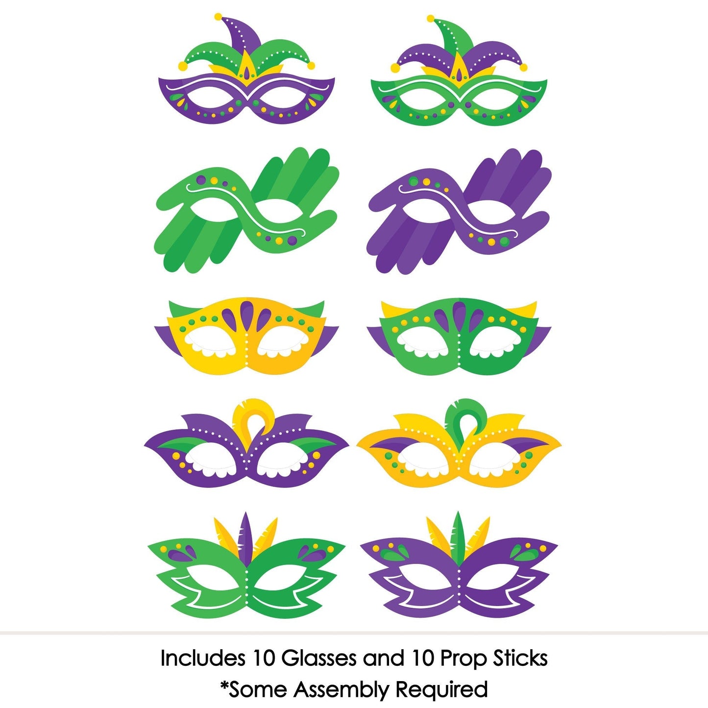 Colorful Mardi Gras Mask Glasses - Paper Card Stock Masquerade Party Photo Booth Props Kit - 10 Count