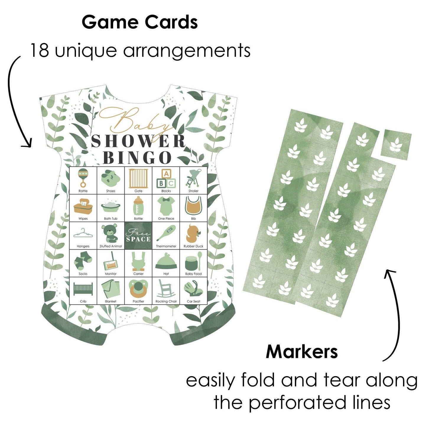 Boho Botanical Baby - Picture Bingo Cards and Markers - Greenery Baby Shower Shaped Bingo Game - Set of 18