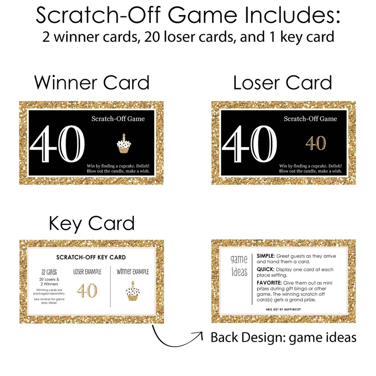 Adult 40th Birthday - Gold - Birthday Party Game Scratch Off Cards - 22 ct