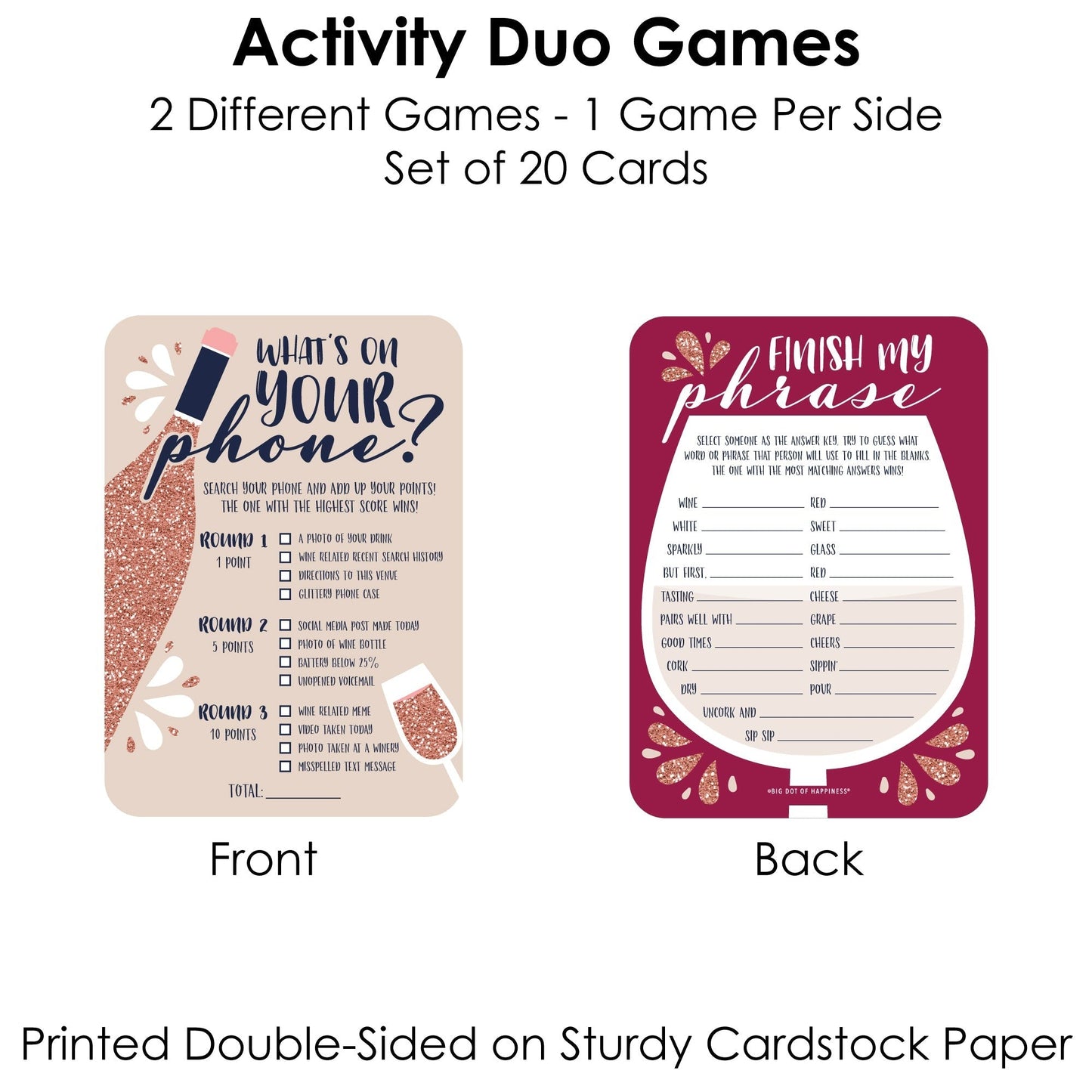 But First, Wine - 2-in-1 Wine Tasting Party Cards - Activity Duo Games - Set of 20