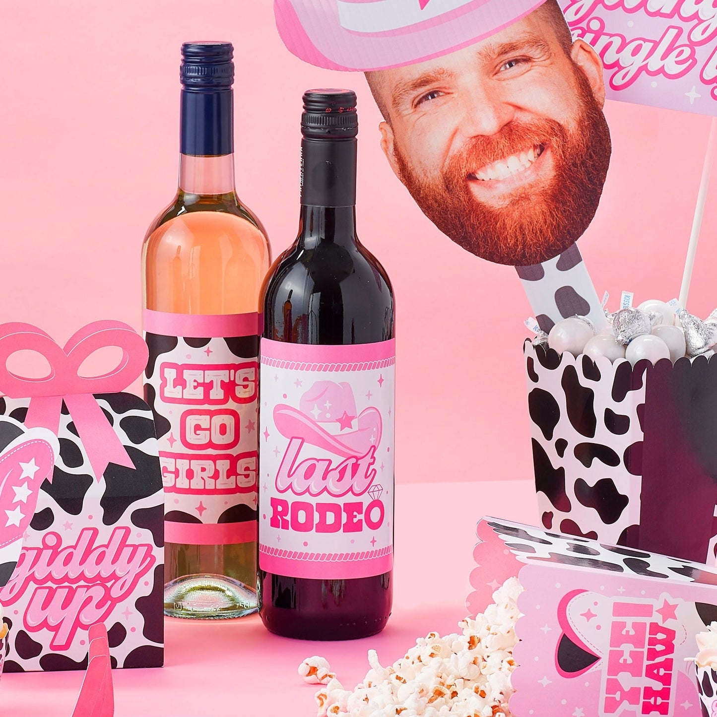 Last Rodeo - Pink Cowgirl Bachelorette Party Decorations for Women and Men - Wine Bottle Label Stickers - Set of 4