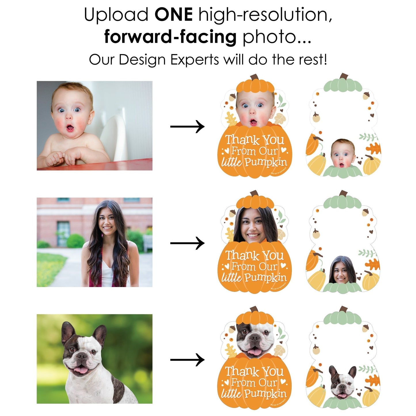 Custom Photo Little Pumpkin - Fall Birthday Party Fun Face Shaped Thank You Cards with Envelopes - Set of 12
