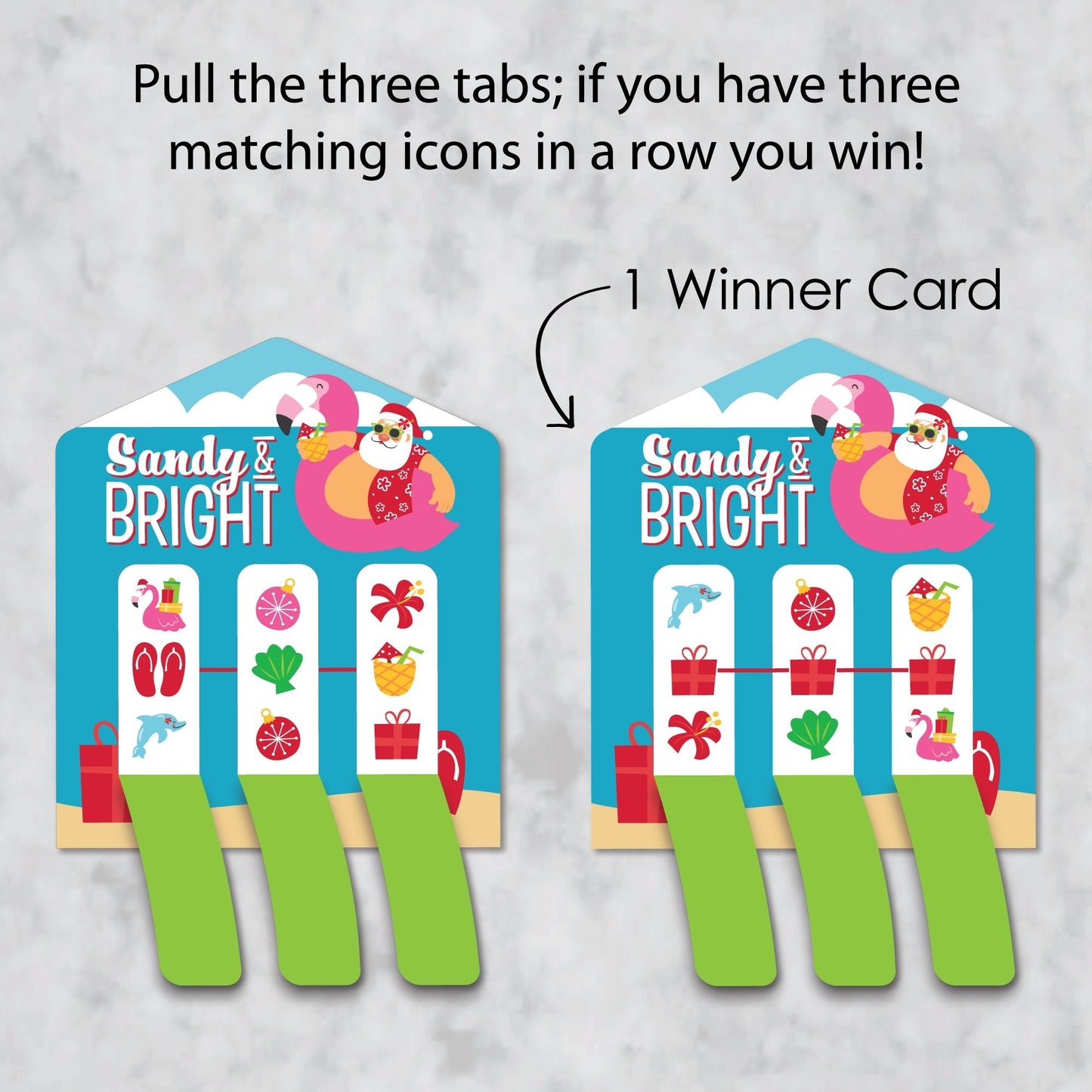 Tropical Christmas - Beach Santa Holiday Party Game Pickle Cards - Pull Tabs 3-in-a-Row - Set of 12