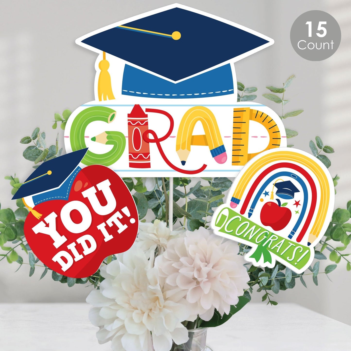 Kindergarten Grad - 4K Preschool Kids Graduation Party Centerpiece Sticks - Table Toppers - Set of 15