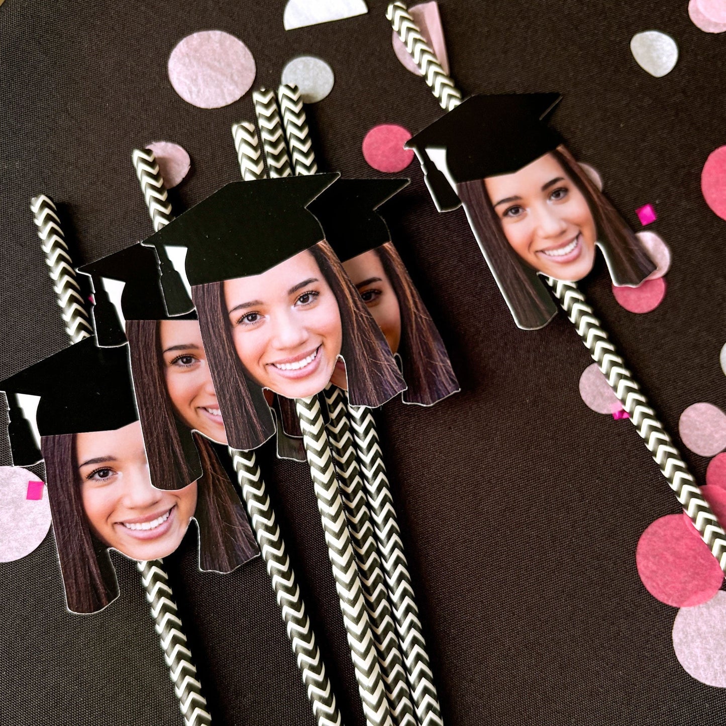 Grad Cap Fun Face Cutout Paper Straw Decor - Custom Graduation Photo Head Cut Out Striped Decorative Straws - Upload 1 Photo - Set of 24