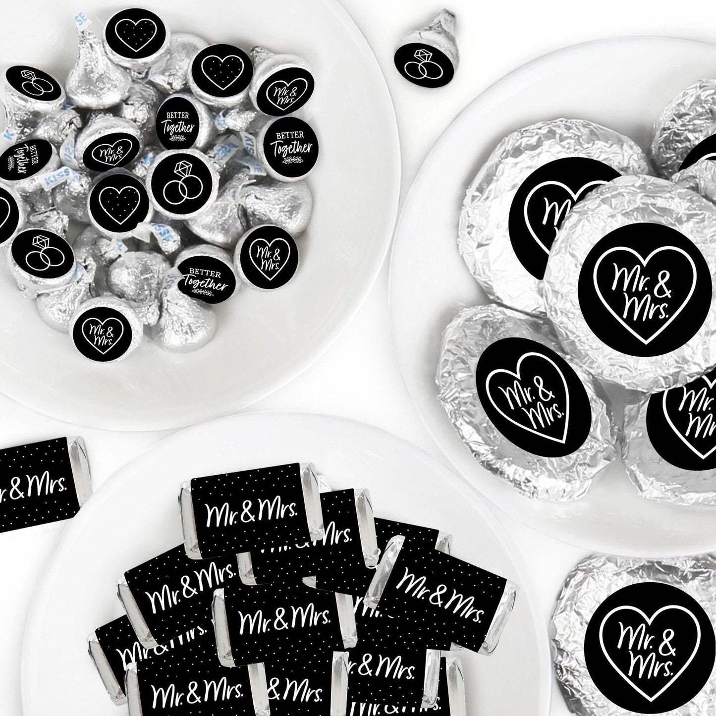 Mr. and Mrs. - Mini Candy Bar Wrappers, Round Candy Stickers and Circle Stickers - Black and White Wedding or Bridal Shower Candy Favor Sticker Kit - 304 Pieces