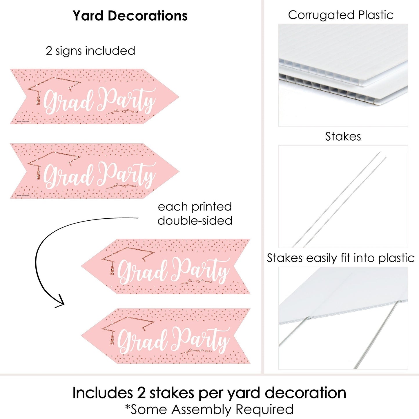 Rose Gold Grad - Graduation Party Sign Arrow - Double Sided Directional Yard Signs - Set of 2