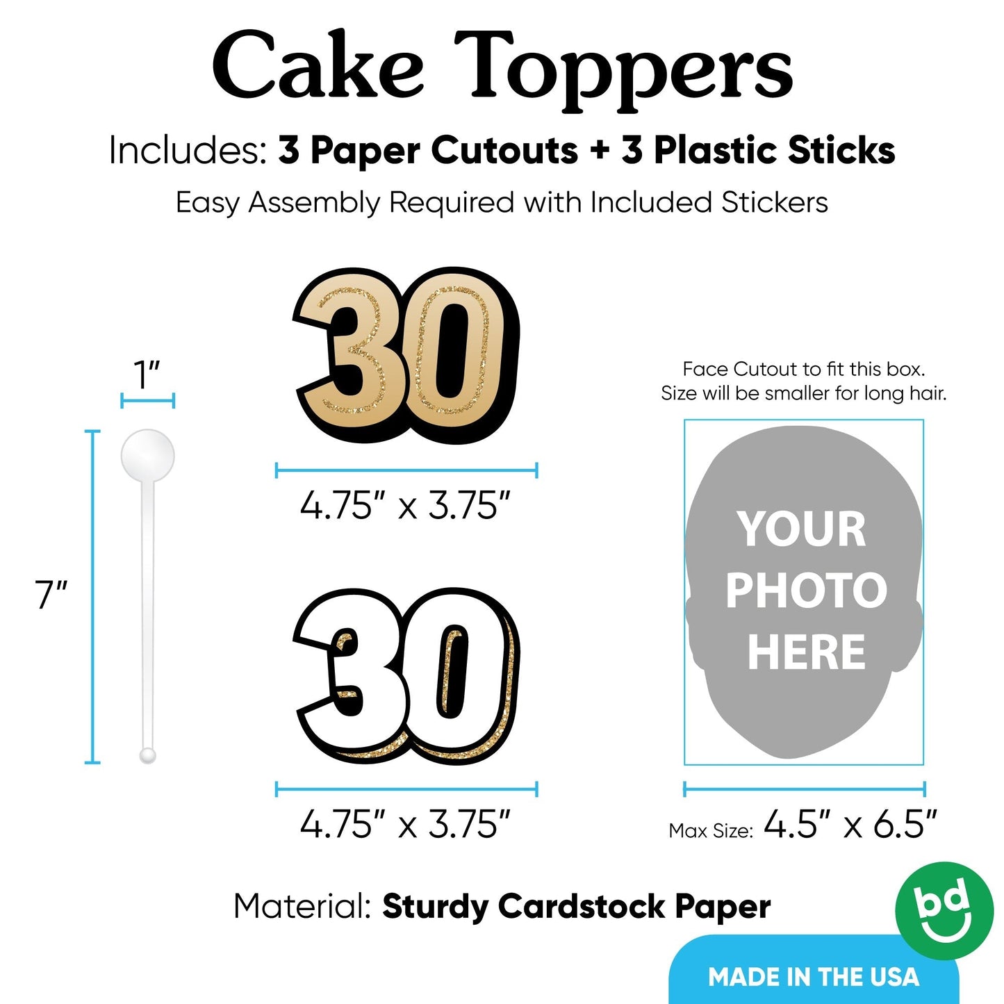 Custom Photo 30th Birthday Cake Topper - 3 Pc