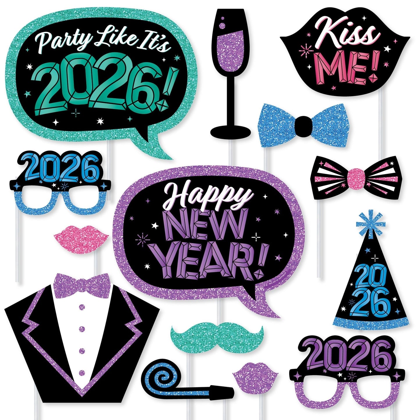 Colorful New Year 2026 Photo Props - 20 Ct