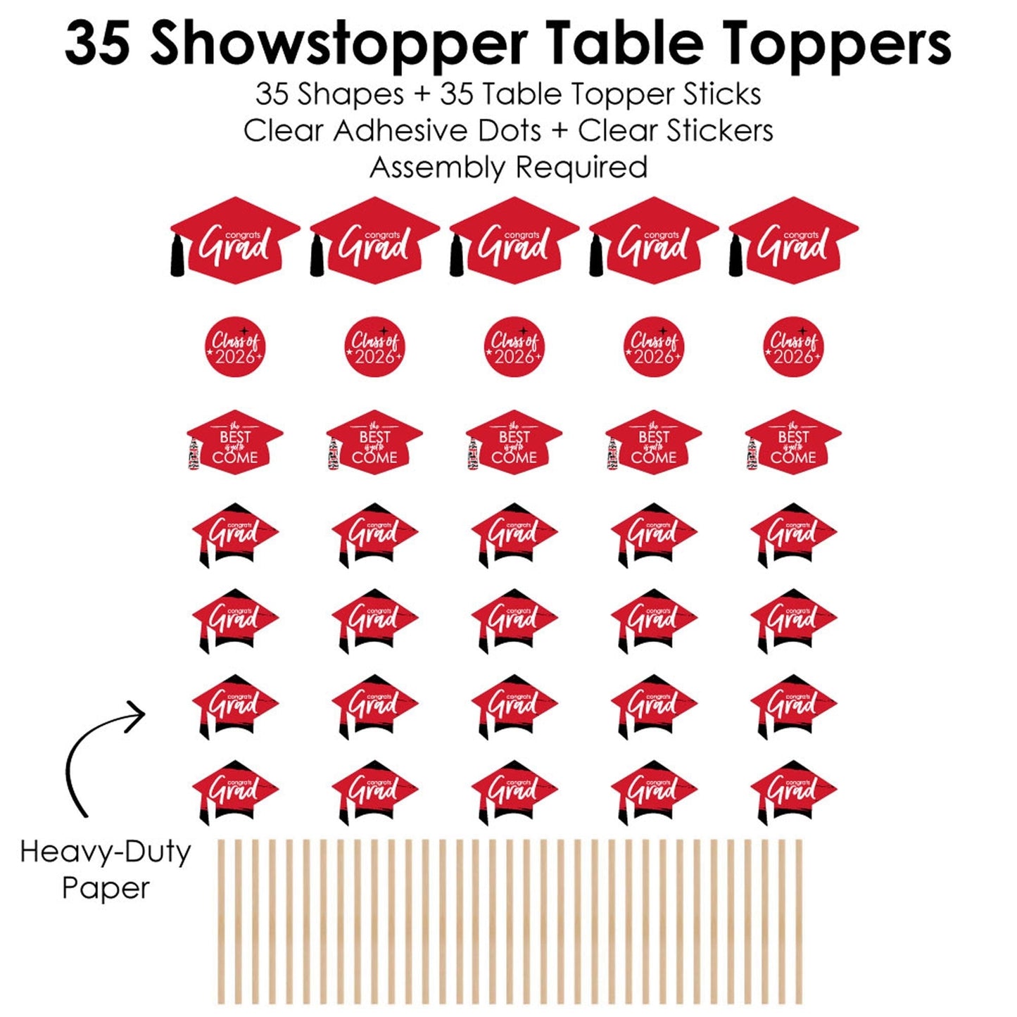 Red Grad - Best is Yet to Come - 2026 Red Graduation Party Centerpiece Sticks - Showstopper Table Toppers - 35 Pieces
