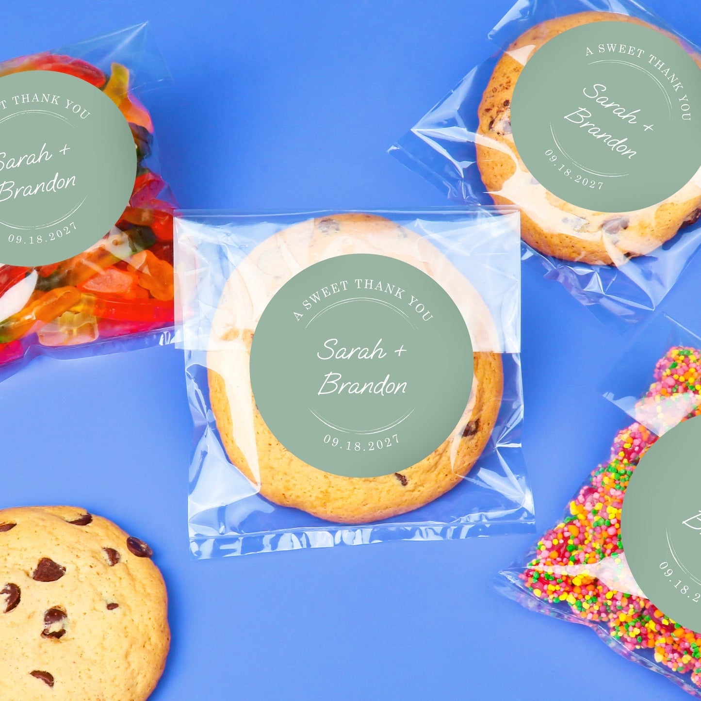Custom Text Stickers & Clear Cookie Bags - Sage Green Thank You