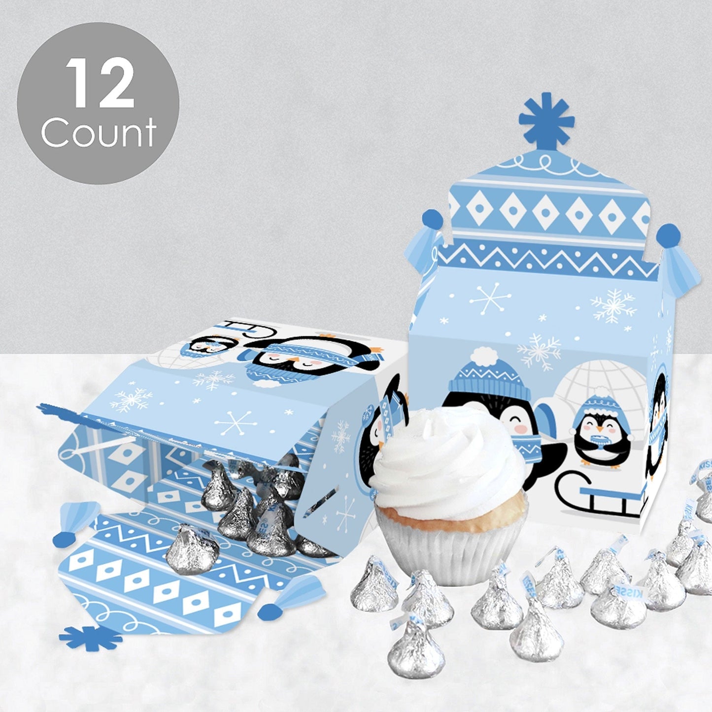 Winter Penguins - Treat Box Party Favors - Holiday and Christmas Party Goodie Gable Boxes - Set of 12