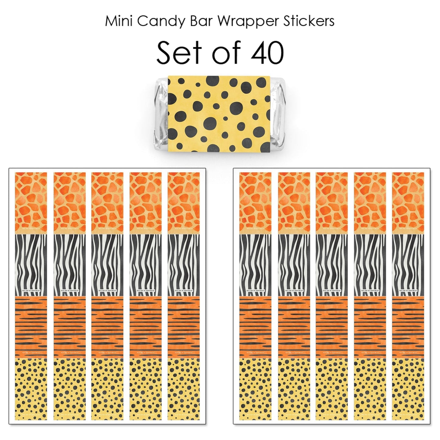 Safari Animal Prints Mini Candy Bar Wrapper Stickers - 40 Ct