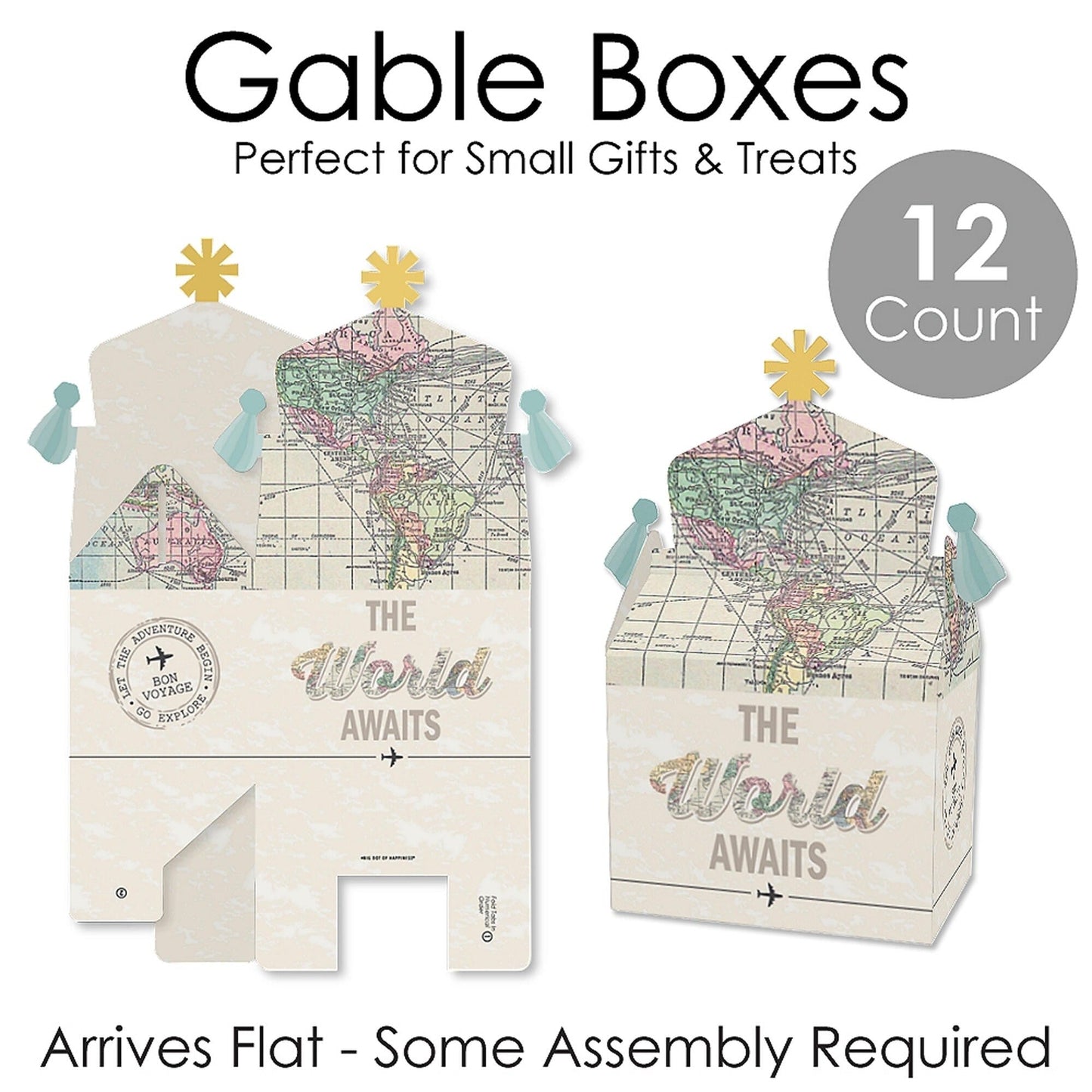 World Awaits - Treat Box Party Favors - Travel Themed Party Goodie Gable Boxes - Set of 12