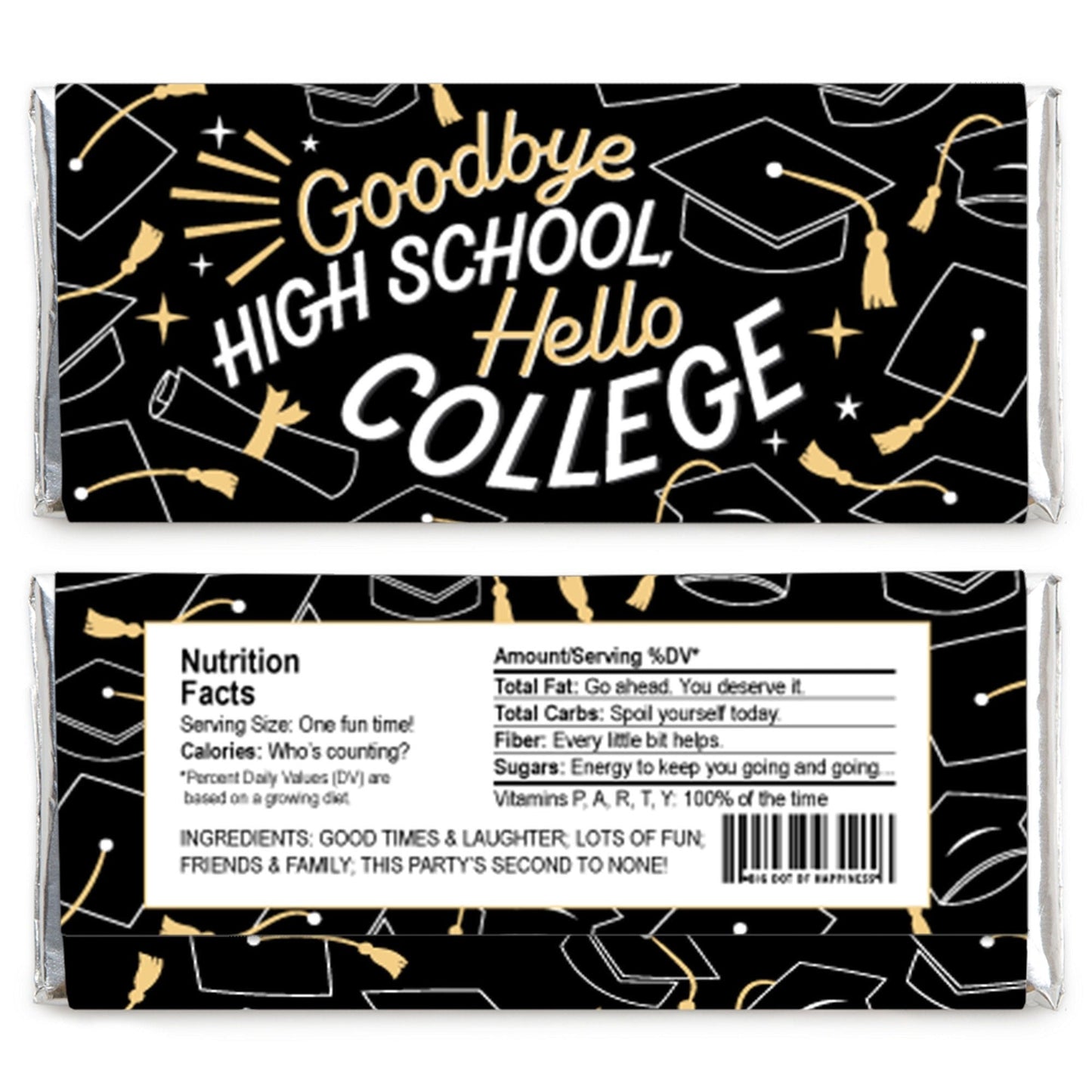 Goodbye High School, Hello College - Candy Bar Wrapper Graduation Party Favors - Set of 24