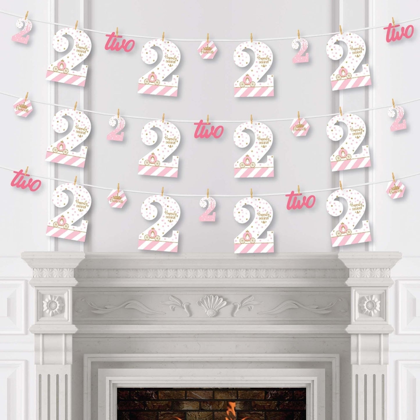 2nd Birthday Little Princess Crown - Pink and Gold Princess Second Birthday Party DIY Decorations - Clothespin Garland Banner - 44 Pieces